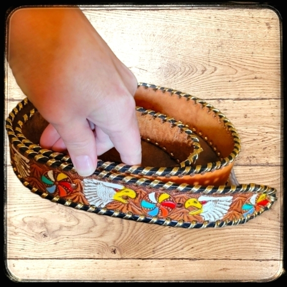 Vintage Other - VTG 1970s Mexican Western Painted Eagle Pinwheel Leather NAME Belt Strap